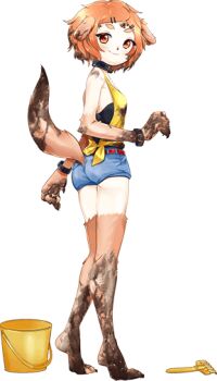 1girl animal_ears animal_feet artist_request ass belt breasts collar denim denim_shorts dirty dirty_clothes dirty_face dirty_feet dog_ears dog_girl dog_tail full_body game_cg hair_ornament hairclip kuu_(monster_musume) looking_at_viewer monster_girl monster_musume_no_iru_nichijou monster_musume_no_iru_nichijou_online mud official_art orange_hair red_belt sand_bucket shorts small_breasts smile tachi-e tail transparent_background wrist_belt