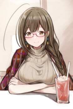 1girl ahoge arms_under_breasts bespectacled blush breasts brown_hair crossed_arms glasses huge_ahoge idolmaster idolmaster_shiny_colors kuwayama_chiyuki large_breasts long_braid looking_at_viewer nannacy7 red-framed_eyewear red_shawl shared_drink shawl smile solo