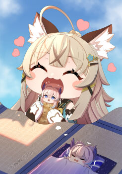 2girls absurdres ahoge animal_ears blonde_hair blush_stickers cat_ears cat_girl chibi closed_eyes dd_che_shen dreaming food genshin_impact heart highres imminent_bite kirara_(genshin_impact) multiple_girls nekomata nightmare pink_hair sangonomiya_kokomi sleeping tagme