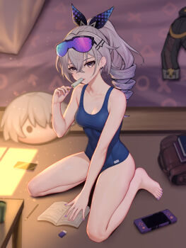 1girl absurdres alternate_costume bare_shoulders blue_one-piece_swimsuit book breasts collarbone commentary_request drill_hair eraser eyewear_on_head food full_body goggles grey_eyes grey_hair hair_between_eyes hand_up handheld_game_console highres holding holding_food holding_popsicle honkai:_star_rail honkai_(series) indoors large_variant_set long_hair looking_at_viewer one-piece_swimsuit open_book parted_lips pencil popsicle purple_hair seiza silver_wolf_(honkai:_star_rail) sitting small_breasts solo swimsuit variant_set yunkaiming