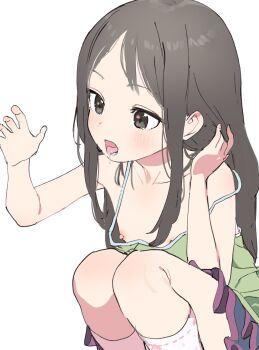 1girl adjusting_hair arm_up black_eyes black_hair black_skirt blush breasts camisole dorontabi downblouse female_focus green_camisole highres holding holding_own_hair implied_fellatio kneehighs loli long_hair nipples open_mouth original pink_socks saliva simple_background sketch skirt small_breasts socks solo squatting strap_slip thighs tongue tongue_out white_background