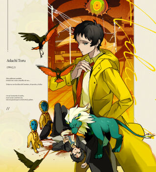 Rule 34 | 1boy, absurdres, adachi tooru, adjusting clothes, adjusting necktie, bird, black pants, blood, character name, closed mouth, coat, collared shirt, commentary request, glasses, highres, hood, hood down, hooded coat, injury, lion, long sleeves, male focus, necktie, pants, pdem7, persona, persona 4, persona 4 the animation, shadow (persona), shirt, spanish text, translation request, utility pole, white shirt, yellow coat