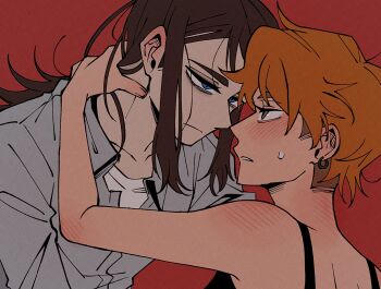 1boy 1girl abaddon_(haunted_hotel) aged_up blue_eyes blush brown_eyes commentary ear_blush esther_freeling eye_contact hand_on_another's_neck haunted_hotel hetero highres insidej043 looking_at_another orange_hair red_background short_hair simple_background slit_pupils symbol-only_commentary undercut upper_body