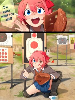 1girl absurdres baseball_glove blue_eyes bow catcher&#039;s_mitt catcher_(baseball) doki_doki_literature_club doki_doki_literature_club_school_uniform english_text goatse hair_bow highres khyle. leg_guard on_one_knee pink_hair red_bow ribbon sayori_(doki_doki_literature_club) school_uniform shooting_range short_hair smile