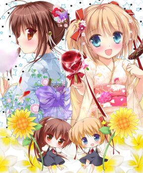 Rule 34 | 2girls, :d, ahoge, air (visual novel), alternate costume, alternate hairstyle, asahina yori, back bow, barefoot, bell, black dress, blonde hair, blue eyes, blue kimono, blush, bow, brown hair, butterfly hair ornament, candy apple, chibi, chibi inset, chocolate-covered food, chocolate banana, closed mouth, commentary request, company connection, cotton candy, cowboy shot, cross ornament, dress, dual wielding, eyes visible through hair, festival, floral print, floral print kimono, flower, food, frown, full body, hair bell, hair between eyes, hair bun, hair flower, hair ornament, hair ribbon, hands up, highres, holding, holding candy apple, holding cotton candy, holding flower, holding food, japanese clothes, jingle bell, jpeg artifacts, kamikita komari, kanzashi, key (company), kimono, little busters!, long sleeves, looking at viewer, medium hair, multiple girls, multiple views, natsume rin, open mouth, pink flower, pink sash, ponytail, print kimono, profile, puffy short sleeves, puffy sleeves, purple bow, red eyes, red flower, red ribbon, ribbon, sash, school uniform, shirt, short hair, short sleeves, sidelocks, simple background, single hair bun, sleeveless, sleeveless dress, smile, standing, standing on one leg, star (symbol), star hair ornament, star symbol background, sunflower, tareme, two side up, white background, white ribbon, white shirt, wide sleeves, yellow kimono, yukata