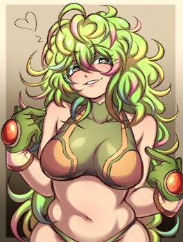 1girl absurdres boku_no_hero_academia breasts brown_background cowboy_shot cropped_shirt deku&#039;s_photo_of_hagakure_toru female_focus gloves gradient_background green_eyes green_gloves green_hair green_shirt grin hagakure_toru highres jodlesd large_breasts long_hair looking_at_viewer matching_hair/eyes messy_hair multicolored_hair navel shirt smile solo stomach superhero_costume teeth