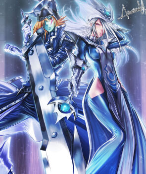 1boy 1girl amasaki_yusuke blonde_hair blue_dress clothing_cutout colored_skin dress duel_monster fake_horns gloves green_skin grey_hair hair_over_one_eye helmet hip_vent holding holding_sword holding_wand holding_weapon horned_helmet horns purple_eyes signature silent_magician silent_swordsman sword tabard wand weapon white_gloves white_tabard yu-gi-oh!
