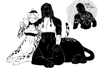 Rule 34 | 1boy, 1girl, arm tattoo, back tattoo, braid, centauroid, commentary request, crop top, freckles, greyscale, headpat, highres, hikagami (june lotus), jaguar boy, jaguar girl, long hair, monochrome, monster boy, monster girl, navel piercing, original, piercing, shirt, short hair, sitting, sleeveless, sleeveless shirt, sports bra, tattoo, taur, toned, toned female, translation request, twin braids, very short hair, white background