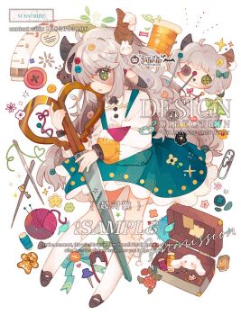 Rule 34 | 1girl, animal ears, artist name, blush, brown horns, commentary, commission, frilled skirt, frills, full body, green eyes, green skirt, grey hair, highres, holding, holding scissors, horns, long hair, long sleeves, mirta, open mouth, original, oversized object, paperclip, patchwork skin, sample watermark, scissors, sheep ears, sheep girl, sheep horns, shirt, simple background, skirt, solo, suspender skirt, suspenders, symbol-only commentary, watermark, white background, white shirt, yarn, yarn ball