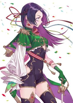 1girl asymmetrical_sleeves blue_eyes braid breasts capelet character_request clothing_cutout colored_inner_hair confetti earrings epaulettes gem glint gloves gold_trim green_capelet green_gloves holding holding_sheath inzup jewelry long_hair looking_ahead medium_breasts multicolored_hair original planted planted_sword planted_weapon purple_hair rapier red_gemstone sheath solo sword weapon