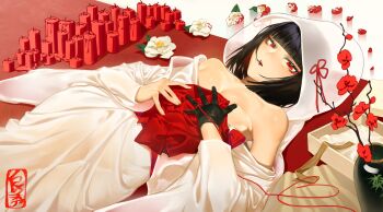 1girl absurdres bare_shoulders black_hair breasts bride candle chinese_commentary commentary_request dress eyeliner eyeshadow flower hai000_0 highres hooded_kimono japanese_clothes kimono limbus_company long_sleeves looking_at_viewer lying makeup on_back open_mouth project_moon red_eyeliner red_eyes red_eyeshadow red_flower red_lips red_petals ryoshu_(project_moon) short_hair small_breasts solo string string_of_fate uchikake vase wataboushi wedding_dress white_dress white_flower white_kimono wide_sleeves