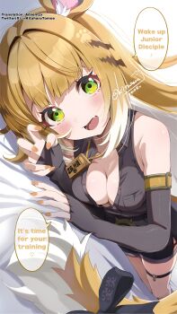 1girl absurdres alternate_breast_size_(larger) animal_ear_fluff animal_ears bare_shoulders black_gloves blonde_hair blush bow breasts cleavage colored_inner_hair commentary_request elbow_gloves english_text fang fingerless_gloves fingernails gloves green_eyes hair_intakes half_gloves heart highres ju_fufu kitahara_tomoe_(kitahara_koubou) loli long_hair looking_at_viewer lower_teeth_only lying medium_breasts multicolored_hair nail_polish on_side open_mouth oppai_loli orange_nails skin_fang solo speech_bubble tail tail_bow tail_ornament teeth thigh_strap thighs tiger_ears tiger_girl tiger_tail translated twitter_username very_long_hair zenless_zone_zero