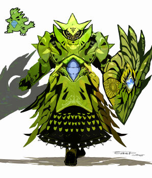 absurdres armor commentary_request dated gen_2_pokemon highres lance nintendo personification pokemon pokemon_(creature) polearm reference_inset shadow shield signature sukepmonster tyranitar weapon white_background