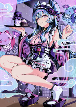 1girl absurdres apron bare_shoulders blue_hair breasts choker dango_milk_(genshin_impact) detached_sleeves frilled_hairband frills genshin_impact hairband highres japanese_clothes kimono large_breasts long_hair looking_at_viewer maid nihongami obi pink_kimono platform_clogs pointy_ears purple_eyes sash sidelocks sleeveless sleeveless_kimono smile thighs wa_maid waist_apron white_apron wide_sleeves yuito_(yuitokobunasbs0) yumemizuki_mizuki