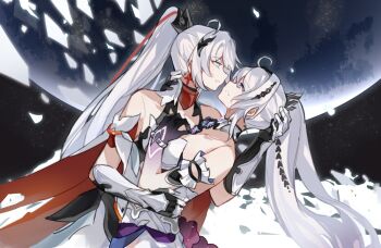 2girls bare_shoulders blue_eyes bracelet cape chinese_commentary colored_extremities commentary_request cross cross_earrings dress dual_persona earrings elbow_gloves gloves hand_on_another&#039;s_waist highres honkai_(series) honkai_impact_3rd jewelry kiana_kaslana kiana_kaslana_(herrscher_of_finality) kiana_kaslana_(herrscher_of_flamescion) long_hair moon multiple_girls parted_lips purple_eyes red_cape red_streaks selfcest shiying_no_yao white_dress white_gloves white_hair yuri