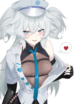 Rule 34 | 1girl, :d, absurdres, between breasts, black gloves, black shirt, black skirt, blue eyes, blue necktie, blush, breasts, clothes pull, covered navel, cross-laced clothes, cross-laced skirt, elbow gloves, fingerless gloves, florence (girls' frontline 2), from above, girls' frontline, girls' frontline 2: exilium, gloves, hair between eyes, hands up, hat, heart, heart-shaped pupils, heart print, highleg, highres, jacket, jacket pull, long hair, looking at viewer, looking up, medium breasts, necktie, necktie between breasts, nipples, no bra, open mouth, pa-15 (girls' frontline), presenting, s. k. karvadenn, seductive smile, see-through clothes, shirt, single bare shoulder, skirt, smile, solo, spoken heart, symbol-shaped pupils, undressing, upper body, very long hair, white hair, white hat, white jacket