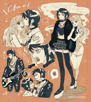1boy 2girls arm_hug bare_legs bare_shoulders bass_guitar black_choker black_hair black_jacket blush breast_tattoo character_name checkered_clothes checkered_skirt chest_tattoo choker cigarette closed_mouth commentary_request cosplay crop_top cropped_legs cropped_torso dress dual_persona earrings facial_hair fingernails fishnet_thighhighs fishnets full_body fur-trimmed_jacket fur_trim genderswap genderswap_(mtf) hand_on_another&#039;s_shoulder hand_tattoo heart holding holding_another&#039;s_arm holding_bass_guitar holding_instrument instrument jacket jewelry kiss kissing_cheek law-chan long_fingernails long_hair midriff miniskirt mouth_hold multiple_girls multiple_views music musical_note nami_(one_piece) nana_(series) necklace one_piece open_clothes open_jacket open_mouth orange_background osaki_nana osaki_nana_(cosplay) playing_instrument short_dress short_hair shoulder_tattoo skirt spoken_squiggle squiggle sweatdrop tattoo thighhighs trafalgar_law twitter_username upper_body walking yum_xoxo_yum yuri zettai_ryouiki