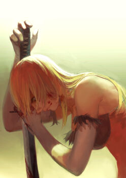 Rule 34 | 1girl, bad id, bad pixiv id, bare shoulders, blonde hair, blood, blood on face, dress, elbow gloves, female focus, fur trim, gloves, highres, ishidah, kiss-shot acerola-orion heart-under-blade, lipstick, long hair, makeup, monogatari (series), oshino shinobu, simple background, solo, strapless, strapless dress, sword, weapon, yellow eyes
