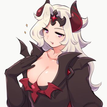 1boy alternate_costume armor bat_wings black_armor black_gloves black_headgear black_horns collarbone cookie_run demon_boy demon_horns gem gloves hand_up headgear horns humanization long_hair long_sleeves madeleine_cookie male_breasts male_focus male_with_breasts multicolored_horns niwa_(niwa827) official_alternate_costume open_mouth pectoral_cleavage pectorals puffy_long_sleeves puffy_sleeves purple_eyes red_armor red_gemstone red_horns simple_background smile solo sparkle tagme teeth trap upper_body upper_teeth_only wavy_hair white_background white_hair wings