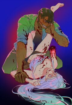 1boy 1girl amputee arm_hair arm_up artist_self-insert black_panties blood blood_on_arm blood_on_body blood_on_clothes blunt_bangs boyfriend_to_death breasts brown_eyes brown_hair censored cleavage collared_shirt commentary d: dismemberment english_commentary facial_hair full_body goatee_stubble grabbing_another&#039;s_leg gradient_clothes gradient_shirt grin grinding hair_between_eyes hetero highres implied_self-harm leg_on_another&#039;s_shoulder long_hair mosaic_censoring no_pants open_clothes open_mouth open_shirt panties pinned pose_request scared seiza self-harm_scar sexually_suggestive shirt short_hair sitting sleeves_rolled_up smile soureeeee spaghetti_strap strade_(boyfriend_to_death) stubble tank_top thigh_cutting underwear very_long_hair white_hair white_shirt wide-eyed wrist_cutting