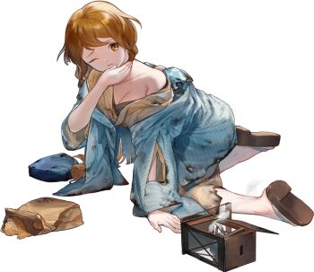 1girl all_fours bag blue_haori brown_eyes brown_hair floral_print folded_hair full_body haori hozuka_(kadokawa) japanese_clothes kantai_collection kimono kimono_partially_removed lantern long_hair looking_at_viewer official_art ootomari_(kancolle) ootomari_(yukata)_(kancolle) paper_bag sandals smile solo spill striped_haori third-party_source transparent_background yellow_kimono yukata