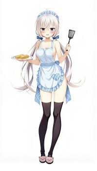 1girl absurdres akizuki_kanna apron bare_shoulders blush butter cat_pajamas commentary_request food highres holding holding_plate hzchong pajamas plate purple_eyes white_hair