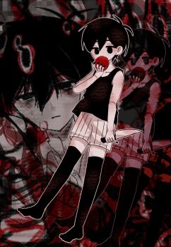 2boys antenna_hair apple black_eyes black_hair black_nails black_tank_top black_thighhighs closed_mouth collarbone colored_skin double-parted_bangs dual_persona food fruit hair_between_eyes highres hiori000 holding holding_food holding_fruit holding_knife knife male_focus multiple_boys omori omori_(omori) short_hair shorts striped_clothes striped_shorts sunny_(omori) tank_top thighhighs vertical-striped_clothes vertical-striped_shorts white_shorts white_skin