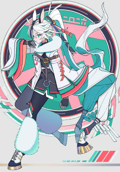 Rule 34 | 1girl, 2026, animal ears, aqua eyes, black gloves, chinese zodiac, commentary request, full body, gloves, highres, hooves, horse ears, horse girl, kaneni, long hair, long sleeves, new year, original, ponytail, profile, solo, standing, tailcoat, white hair, wide sleeves, year of the horse