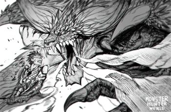 clenched_teeth commentary copyright_name debris dust english_commentary greyscale holding holding_weapon monochrome monster monster_hunter:_world monster_hunter_(character) monster_hunter_(series) nergigante open_mouth sharp_teeth shen_shipi_(agil548g6h6) short_hair teeth weapon white_background