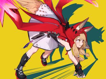 1girl absurdres animal_ears arknights arknights:_endfield black_boots black_gloves blonde_hair boots brown_eyes cape commentary_request different_shadow dress ears_through_headwear fingerless_gloves gloves highres hood hood_up hooded_cape long_hair low-tied_sidelocks parted_lips partial_commentary red_cape rossi_(arknights) sharp_teeth sidelocks simple_background solo tail teeth vivace_(pixiv_122507727) white_dress wolf_ears wolf_girl wolf_tail yellow_background