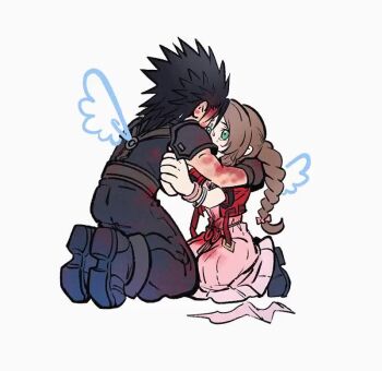 1boy 1girl aerith_gainsborough animated armor black_hair blood blood_on_arm blood_on_clothes blood_on_face boots bracelet braid braided_ponytail brown_hair crisis_core:_final_fantasy_vii drawn_wings dress final_fantasy final_fantasy_vii final_fantasy_vii_remake full_body green_eyes hand_on_another's_shoulder huosheanng jacket jewelry kneeling looking_at_another open_clothes open_jacket pants parted_bangs pink_dress ponytail red_jacket shoulder_armor single_wing spiked_hair sweater tagme tears turtleneck turtleneck_sweater video wings zack_fair