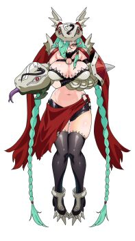 1girl aqua_hair arm_snake armor bikini braid breasts cleavage digimon digimon_(creature) gerusyu hair_over_one_eye helmet highres huge_weapon large_breasts living_weapon long_hair looking_at_viewer mervamon navel o-ring o-ring_top purple_lips ribbon shoulder_pads shoulder_spikes snake_mask solo spikes swimsuit teeth thighhighs torn_ribbon twin_braids waist_cape weapon winged_helmet yellow_eyes