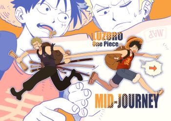 Rule 34 | !?, 2boys, arrow (symbol), backpack, bag, bare shoulders, black hair, black pants, blue shorts, clenched teeth, commentary request, copyright name, elasticity, extendable limbs, from side, full body, fur-trimmed shorts, fur trim, green hair, hat, highres, holding, holding map, katana, looking at another, looking back, male focus, map, monkey d. luffy, multiple boys, one eye closed, one piece, open mouth, pants, pointing, red tank top, roronoa zoro, running, sandals, scar, scar across eye, scar on face, sheath, sheathed, short hair, shorts, straw hat, sweatdrop, sword, tank top, teeth, toku0034, weapon