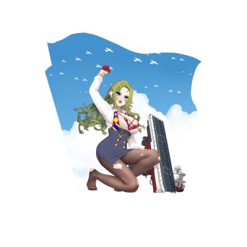 1girl arm_up artist_request black_pantyhose blue_eyes blue_skirt bra breasts clenched_hand collared_shirt flight_deck full_body gloves green_hair highres large_breasts long_hair looking_to_the_side multicolored_necktie necktie official_art open_clothes open_mouth open_shirt pantyhose pencil_skirt red_bra red_gloves rigging sangamon_(warship_girls_r) shirt signal_flag silhouette skirt torn_clothes torn_pantyhose transparent_background underwear undone_necktie warship_girls_r white_shirt