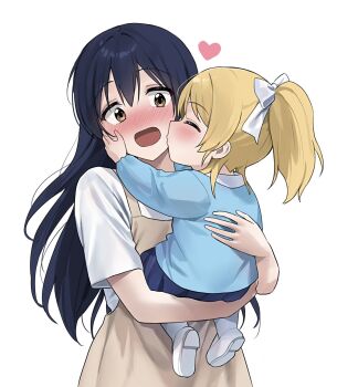 Rule 34 | 2girls, age difference, aged down, ayase eli, black hair, blonde hair, blue skirt, blush, brown dress, brown eyes, carrying, child carry, closed eyes, dress, heart, highres, kindergarten uniform, kiss, kissing cheek, long hair, love live!, love live! school idol project, multiple girls, nanatsu no umi, onee-loli, open mouth, ponytail, shoes, short sleeves, simple background, skirt, sonoda umi, standing, upper body, white background, white shoes, yuri