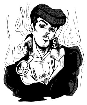 anchor_symbol artist_name aura cropped_arms delinquent diamond_wa_kudakenai fenyon heart higashikata_josuke highres jojo_no_kimyou_na_bouken looking_at_viewer monochrome peace_symbol pompadour upper_body