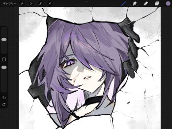 1girl acheron_(honkai:_star_rail) blood blood_on_face choker commentary_request crack gloves hair_over_one_eye highres honkai:_star_rail honkai_(series) long_hair looking_down parted_lips purple_eyes purple_hair sidelocks simple_background yayu_yyo430