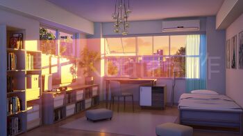 3d air_conditioner bed bedroom book chair chinese_commentary commentary_request controller curtains desk evening game_controller hanging_light highres indoors lamp light_rays monitor mr.koala original pillow ponytail rug scenery shelf still_life sunbeam sunlight television variant_set watermark window window_shadow wooden_floor