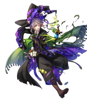 1boy boots bridal_gauntlets cape damaged dragonstone fire_emblem fire_emblem_fates fire_emblem_heroes green_cape hat hat_ornament highres lantern male_corrin_(fire_emblem) male_corrin_(halloween)_(fire_emblem) moon_(ornament) nintendo non-web_source official_alternate_costume official_art one_eye_closed pointy_ears red_eyes solo star_(symbol) star_hat_ornament star_print stitches torn_cape torn_clothes white_background wizard_hat