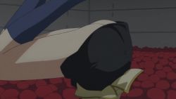 1girl animated anime_screenshot ass black_skirt c.c. code_geass green_hair highres jacket long_hair miniskirt necktie panties school_uniform skirt socks sound tagme thighs tomato underwear upside-down video white_panties yellow_jacket