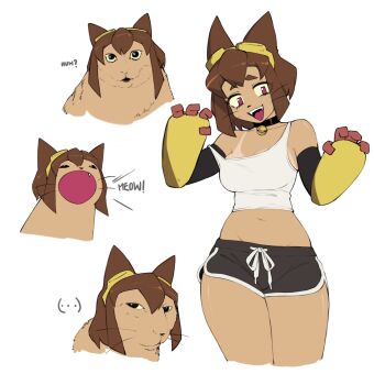 1girl absurdres animal_ears animalization black_shorts breasts brown_hair camisole cat cat_ears cat_girl cleavage commentary dolphin_shorts english_commentary furry furry_female gameoverse goggles goggles_on_head highres kit_bodega masoq medium_breasts midriff navel open_mouth red_eyes short_hair shorts smile standing tan tanline thighs whiskers white_camisole