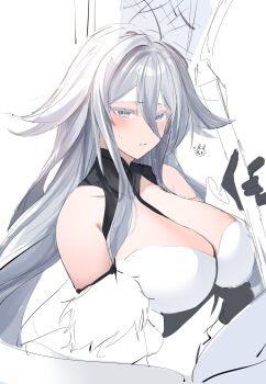 1girl absurdres azur_lane breasts cleavage grey_eyes grey_hair highres holding holding_staff i_i_o_o_1 large_breasts long_bangs rabbit simple_background sketch solo sovetsky_soyuz_(azur_lane) staff unfinished upper_body white_background