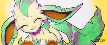 Rule 34 | 025aki, absurdres, closed eyes, commentary request, gen 4 pokemon, grin, highres, leaf, leafeon, looking at viewer, nintendo, no humans, pokemon, pokemon (creature), signature, smile, solo, yellow fur