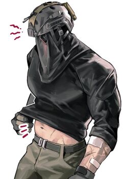 1boy bandages bandaid bandaid_on_arm black_gloves black_shirt call_of_duty call_of_duty:_modern_warfare_2 clothes_lift commentary gloves helmet konig_(call_of_duty) lifting_own_clothes male_focus mask navel nonnon9977 scar scar_on_arm scar_on_stomach shirt shirt_lift simple_background solo white_background
