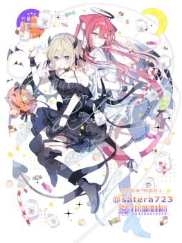 2girls absurdres animal_ear_fluff animal_ears armband bare_shoulders black_dress black_halo black_ribbon blonde_hair boots braid candy candy_cane chain collarbone commentary_request cookie demon_horns demon_tail dress floating floating_hair food frilled_armband frills hair_between_eyes halo hand_up highres horns jack-o&#039;-lantern knee_boots lace lace-trimmed_boots lace_trim long_hair looking_at_viewer multiple_girls off-shoulder_dress off_shoulder original pink_hair ribbon short_sleeves tail thigh_boots thigh_strap white_background white_dress wrapped_candy yakinikusakoku