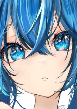 1girl absurdres auhuheben17 blue_eyes blue_hair eye_focus hair_between_eyes highres looking_at_viewer original portrait signature solo twintails white_background