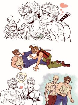 3boys :3 abs arm_hair arrow_through_heart bald belt brothers brown_hair cat chest_hair cigar claw_(weapon) closed_mouth deadpool denim dog_tags facial_hair full_body hand_hair heart highres holding holding_cigar holding_sword holding_weapon jeans katana large_pectorals leg_up looking_at_another male_focus marvel mouth_hold multiple_boys muscular muscular_male om85549 pants pectorals sabertooth_(x-men) short_hair siblings sitting sleeveless smile speech_bubble sweatdrop sword sword_on_back tank_top teeth the_wolf_of_wall_street thought_bubble topless_male weapon weapon_on_back weapon_xi white_tank_top wolverine_(x-men) x-men x-men_film_series x-men_origins:_wolverine yaoi