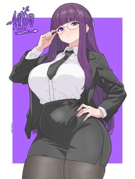 Rule 34 | 1girl, adjusting eyewear, black jacket, black necktie, black pantyhose, black skirt, breasts, collared shirt, curvy, drawlab33t, dress shirt, fern, fern (sousou no frieren), frown, glass, jacket, large breasts, miniskirt, necktie, office lady, pantyhose, pencil skirt, purple eyes, purple hair, shirt, simple background, skirt, solo, sousou no frieren, white shirt