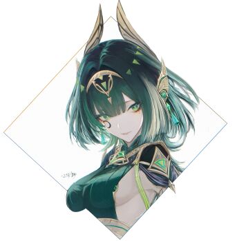 1girl absurdres breasts gem genshin_impact green_eyes green_gemstone green_hair green_shirt headpiece highres looking_at_viewer mark_under_eye medium_breasts mole mole_under_eye nefer_(genshin_impact) outside_border parted_lips renoahh shirt short_hair sideboob solo symbol-shaped_pupils triangle-shaped_pupils white_background