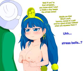 1boy 1girl absurdres artist_self-insert blue_eyes blue_hair blue_skin blush breasts colored_skin earrings fossilized_wonders highres jewelry long_hair looking_at_another michigami_nareko navel nipples nude solo sweat touhou xsmile